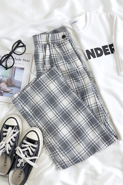 Alkalmi női kockás nadrág magas derékkal - egyenes modell