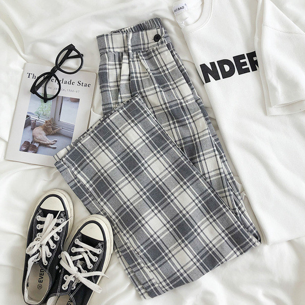 Alkalmi női kockás nadrág magas derékkal - egyenes modell