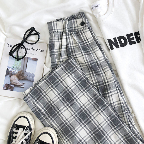 Alkalmi női kockás nadrág magas derékkal - egyenes modell