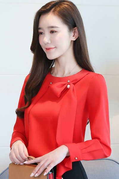 Stílusos női sifon ing hosszú ujjal és gyöngyökkel