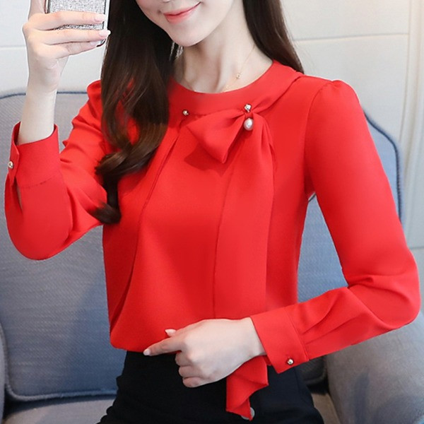 Stílusos női sifon ing hosszú ujjal és gyöngyökkel