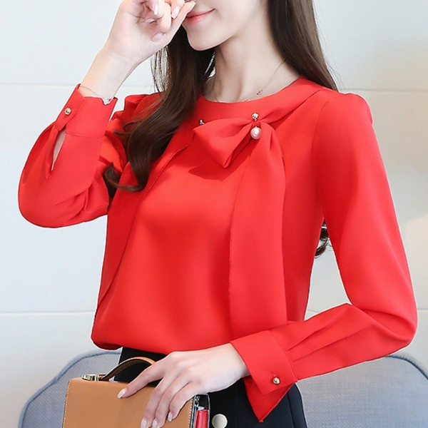 Stílusos női sifon ing hosszú ujjal és gyöngyökkel