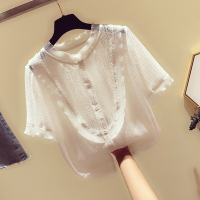 Модерна дамска риза от шифон с къс ръкав и копчета