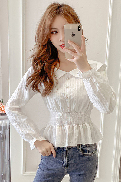 Cămașă casual de damă cu decolteu oval și talie elastică