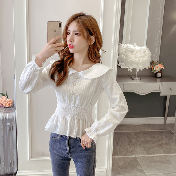 Cămașă casual de damă cu decolteu oval și talie elastică