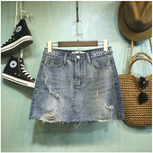 Női farmerszoknya, magas derékkal, szakadt motívumokkal