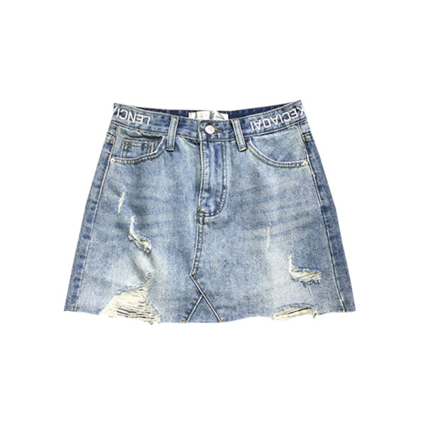 Női farmerszoknya, magas derékkal, szakadt motívumokkal