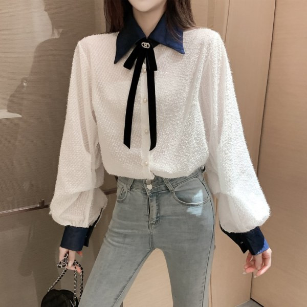 Cămașă casual de damă cu guler clasic, mâneci largi și panglică