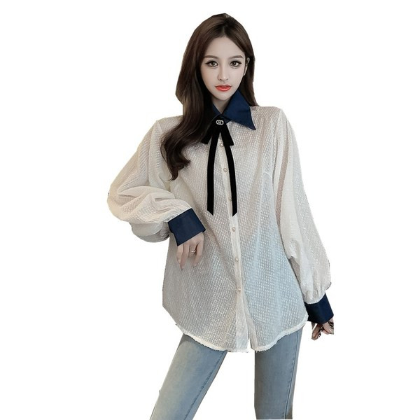 Cămașă casual de damă cu guler clasic, mâneci largi și panglică