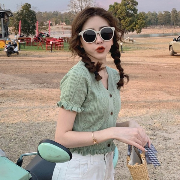 Bluză scurtă casual cu bucle de tricotat subțire