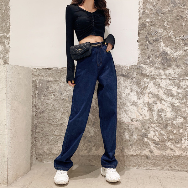 Дълги широки дънки в син цвят с висока талия