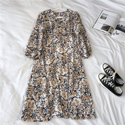 Tavaszi női ruha, hosszú ujjú, virágmintás, derékkötővel