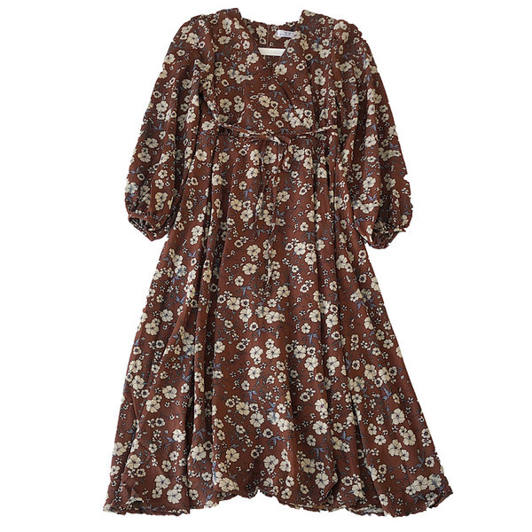 Tavaszi női ruha, hosszú ujjú, virágmintás, derékkötővel