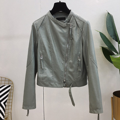 Ежедневно дамско кожено яке с овално деколте и страничен цип