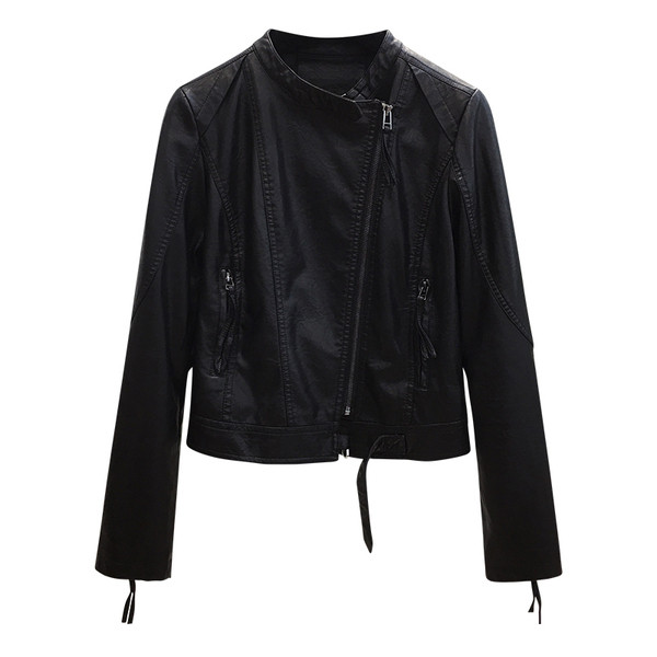 Ежедневно дамско кожено яке с овално деколте и страничен цип