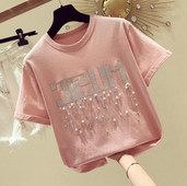 Bluză de damă modernă cu mâneci scurte inscripție și perle