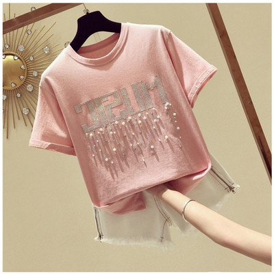 Bluză de damă modernă cu mâneci scurte inscripție și perle