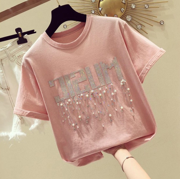 Bluză de damă modernă cu mâneci scurte inscripție și perle