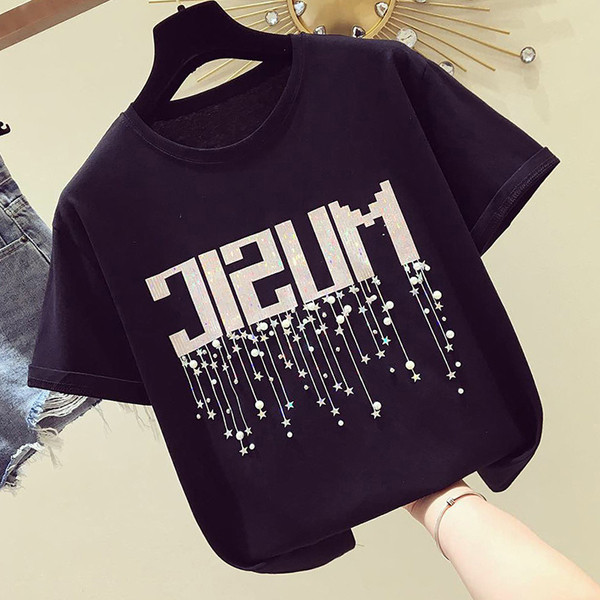 Bluză de damă modernă cu mâneci scurte inscripție și perle