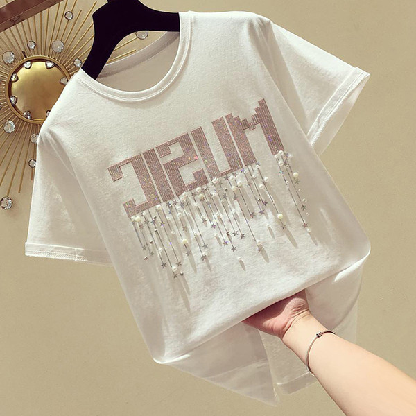 Bluză de damă modernă cu mâneci scurte inscripție și perle