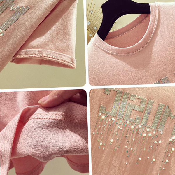 Bluză de damă modernă cu mâneci scurte inscripție și perle