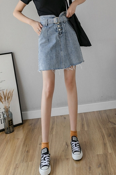 Дамска дънкова пола с висока талия и колан