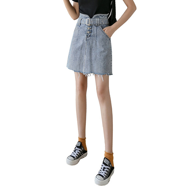 Дамска дънкова пола с висока талия и колан