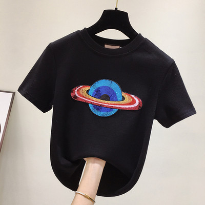 Ежедневна дамска тениска с къс ръкав и пайети