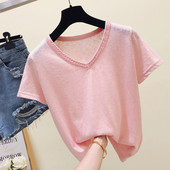 Модерна дамска блуза с къс ръкав и мъниста