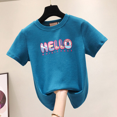 Női pamut póló rövid ujjal, ovális nyakkivágással és színes felirattal