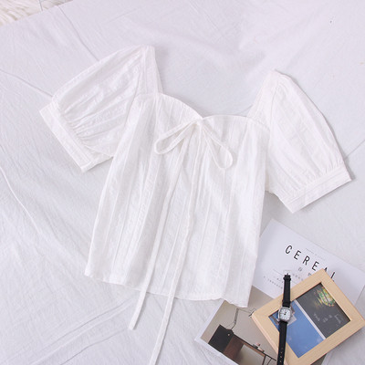 Модерна дамска блуза с къс ръкав и връзки 