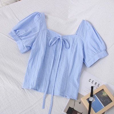 Модерна дамска блуза с къс ръкав и връзки 