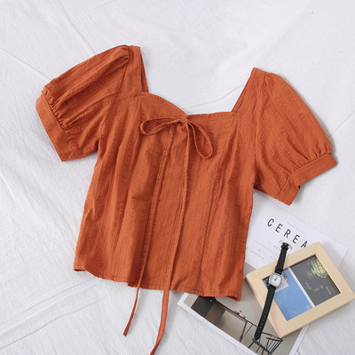 Модерна дамска блуза с къс ръкав и връзки 