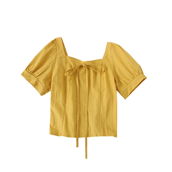 Модерна дамска блуза с къс ръкав и връзки 