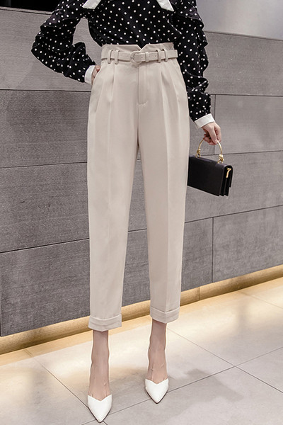 Pantaloni eleganti de dama cu curea si talie inalta - model drept