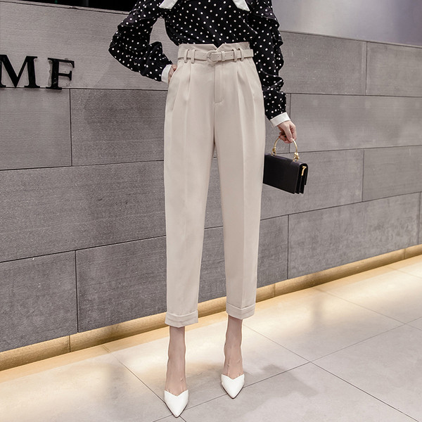 Pantaloni eleganti de dama cu curea si talie inalta - model drept