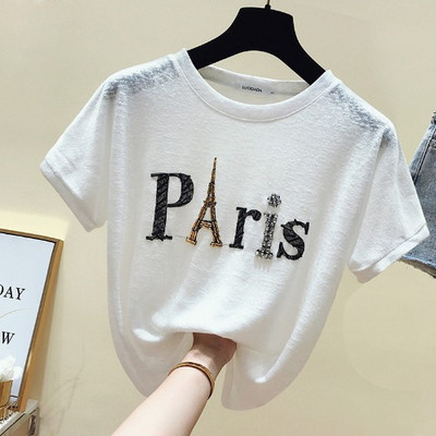 Bluză de damă modernă cu mâneci scurte și inscripție, margele