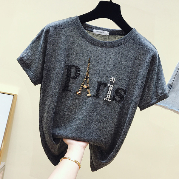 Bluză de damă modernă cu mâneci scurte și inscripție, margele