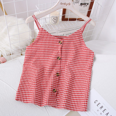 Нов модел дамски кариран потник с копчета и тънки презрамки