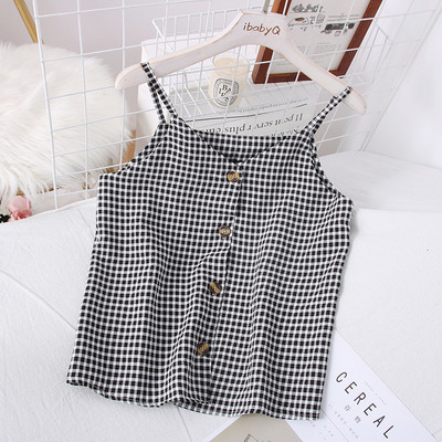 Нов модел дамски кариран потник с копчета и тънки презрамки