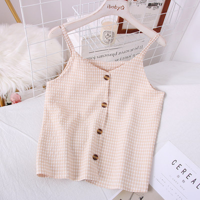 Нов модел дамски кариран потник с копчета и тънки презрамки