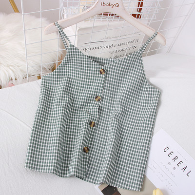 Нов модел дамски кариран потник с копчета и тънки презрамки