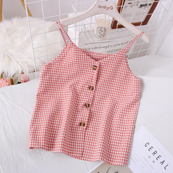 Нов модел дамски кариран потник с копчета и тънки презрамки