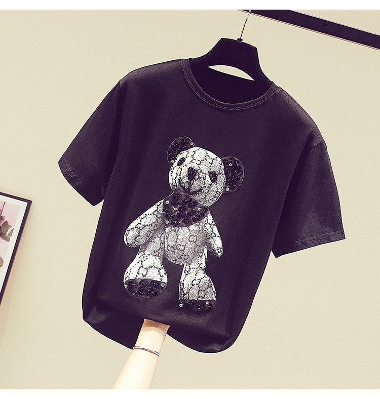 Bluză de damă modernă cu mâneci scurte și aplicație de ursuleț