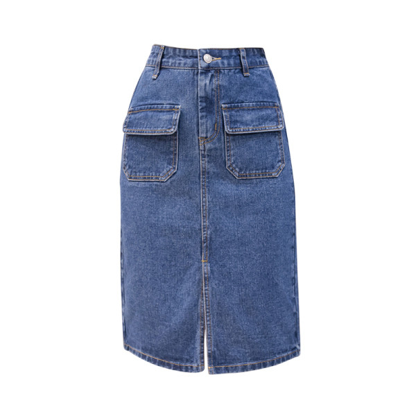 Alkalmi női farmerszoknya hasítékkal és zsebekkel