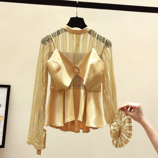 Moderna ženska košulja od čipke iz dva dijela zlatne boje