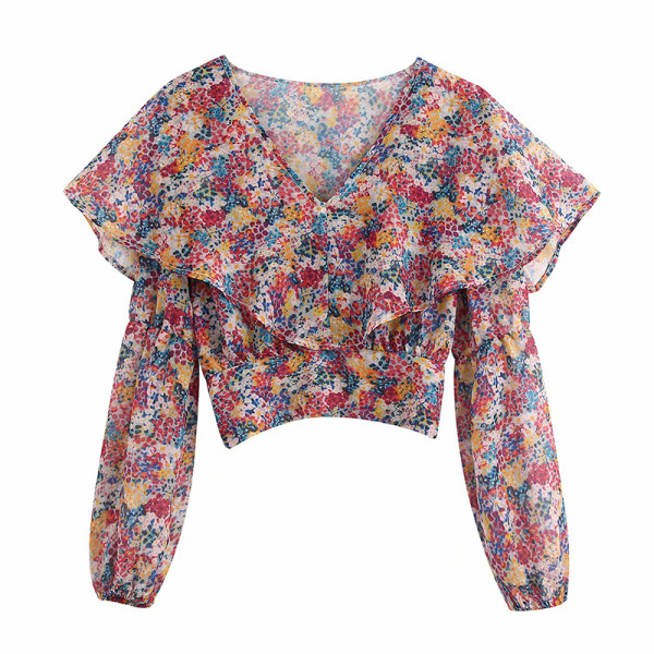 Bluză scurtă, moale, cu decolteu spitz și bucle