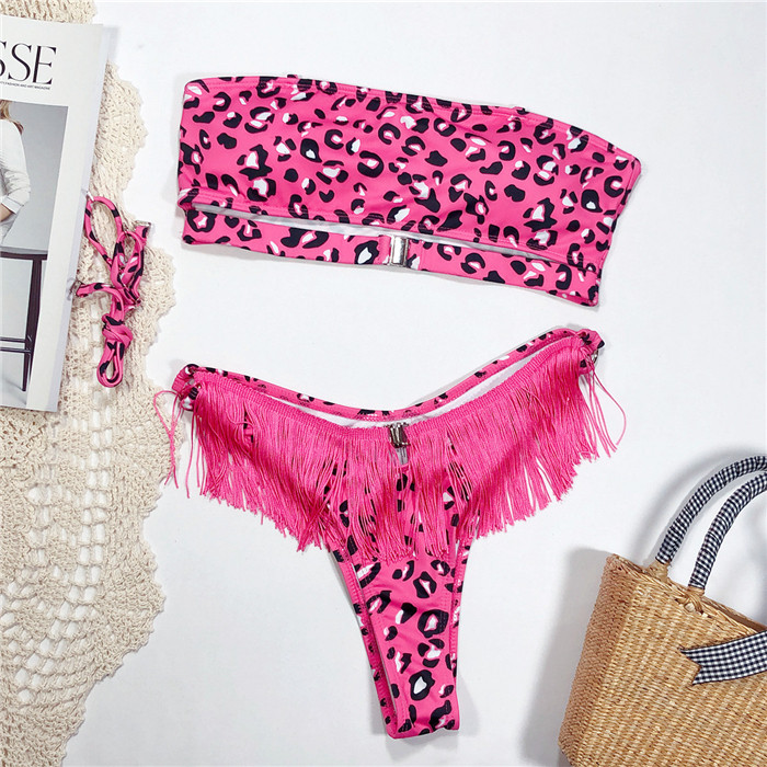 Costum de baie de dama model NOU din doua piese cu franjuri si model animal