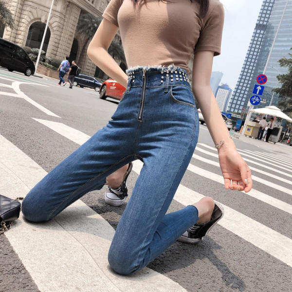 Model nou blugi de dama stilati Model slim cu talie inalta, ochiuri metalice si fermoar