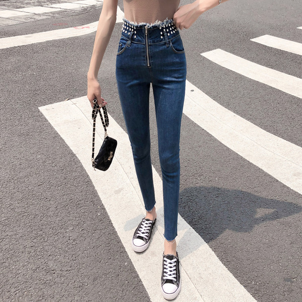 Model nou blugi de dama stilati Model slim cu talie inalta, ochiuri metalice si fermoar